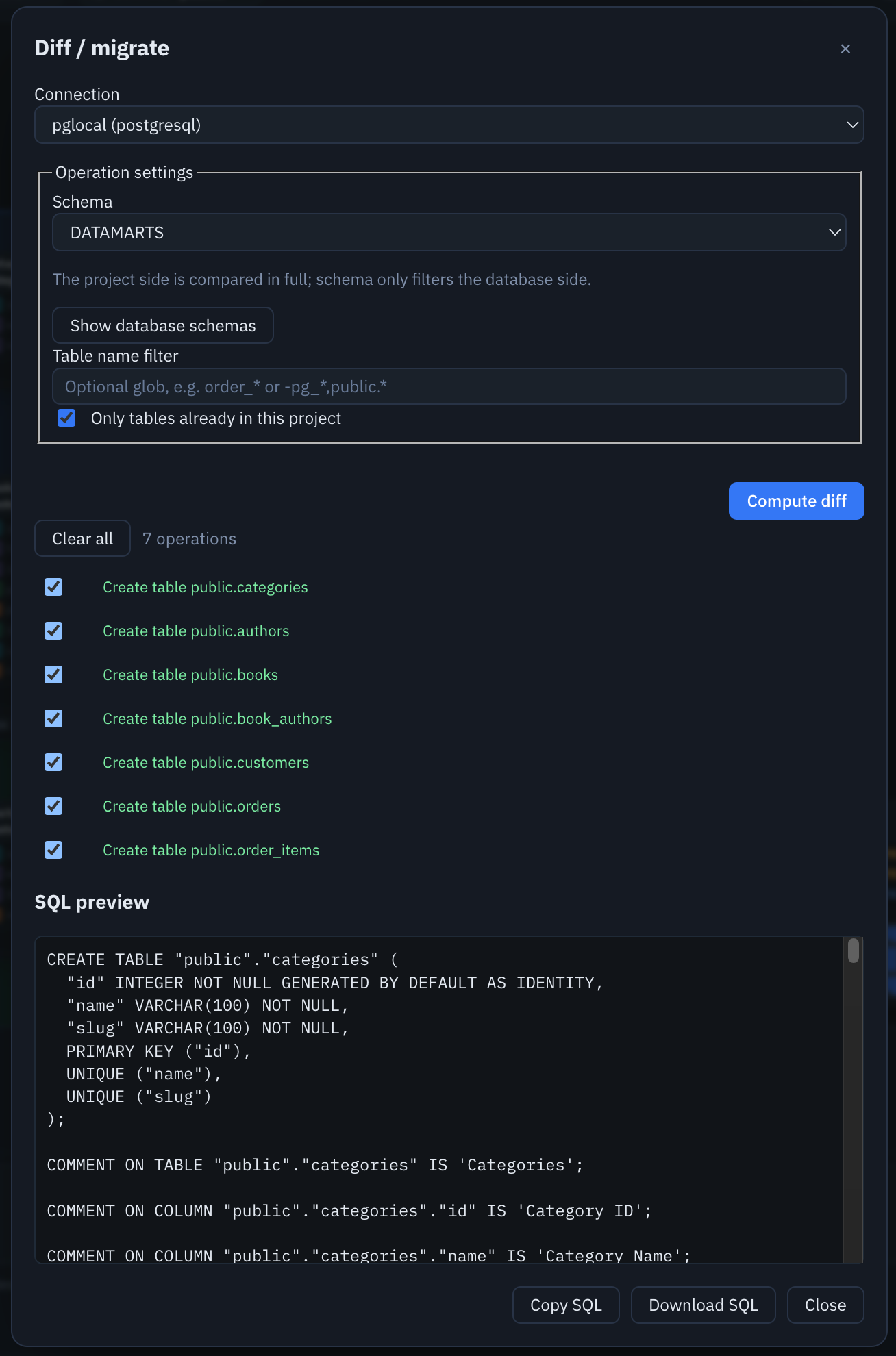 The Diff and migrate dialog against a live PostgreSQL connection: seven operations listed and a SQL preview showing CREATE TABLE and COMMENT ON COLUMN statements